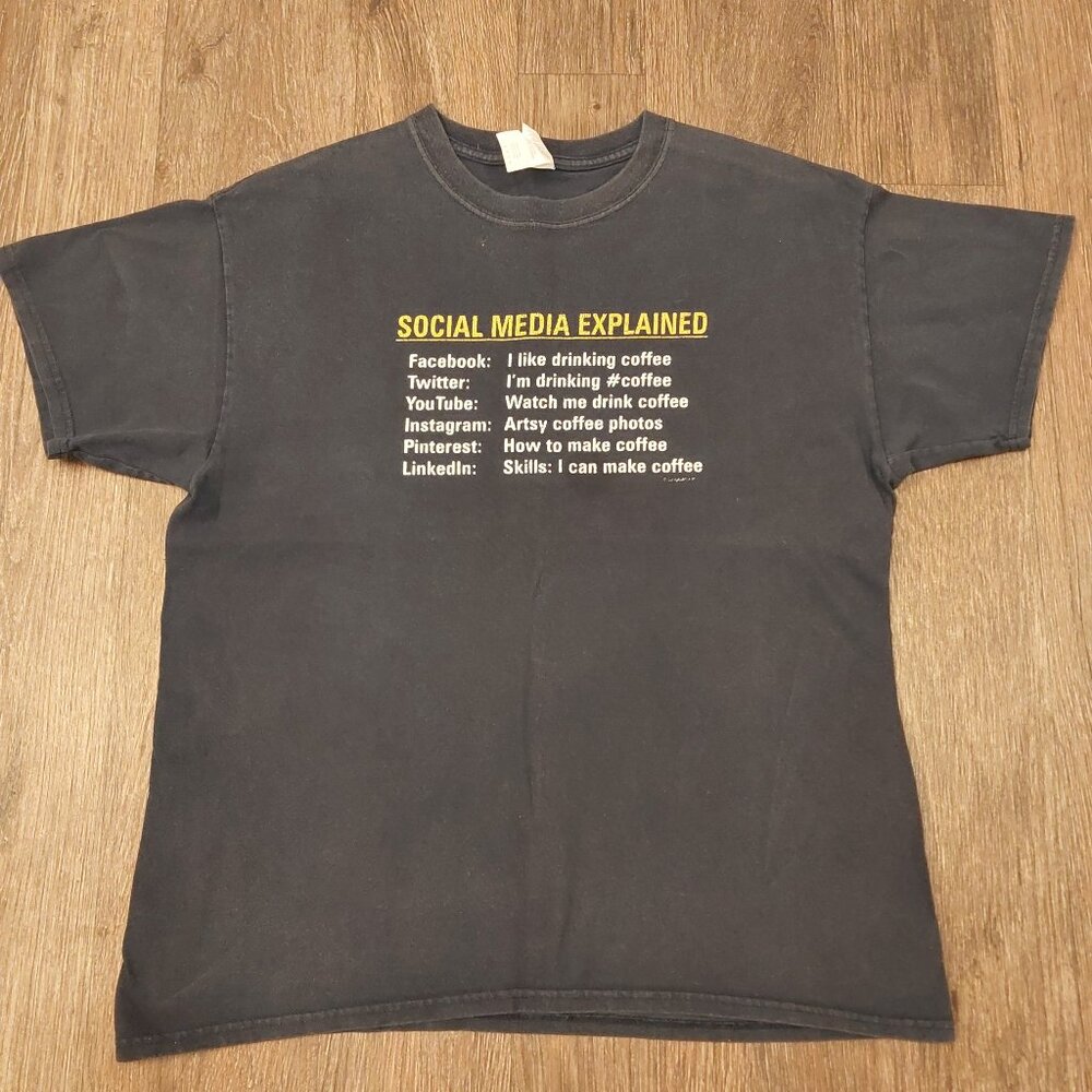 Social Media Explained Blue T-Shirt Coffee Theme Size XL Funny Design Mens Women